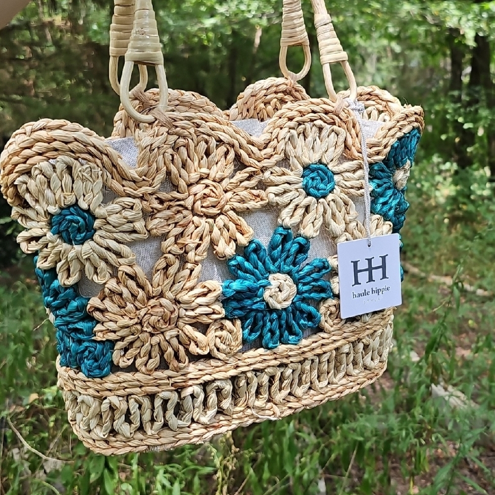 Haute Hippie Woven Floral Shoulder Bag in Tan and Blue